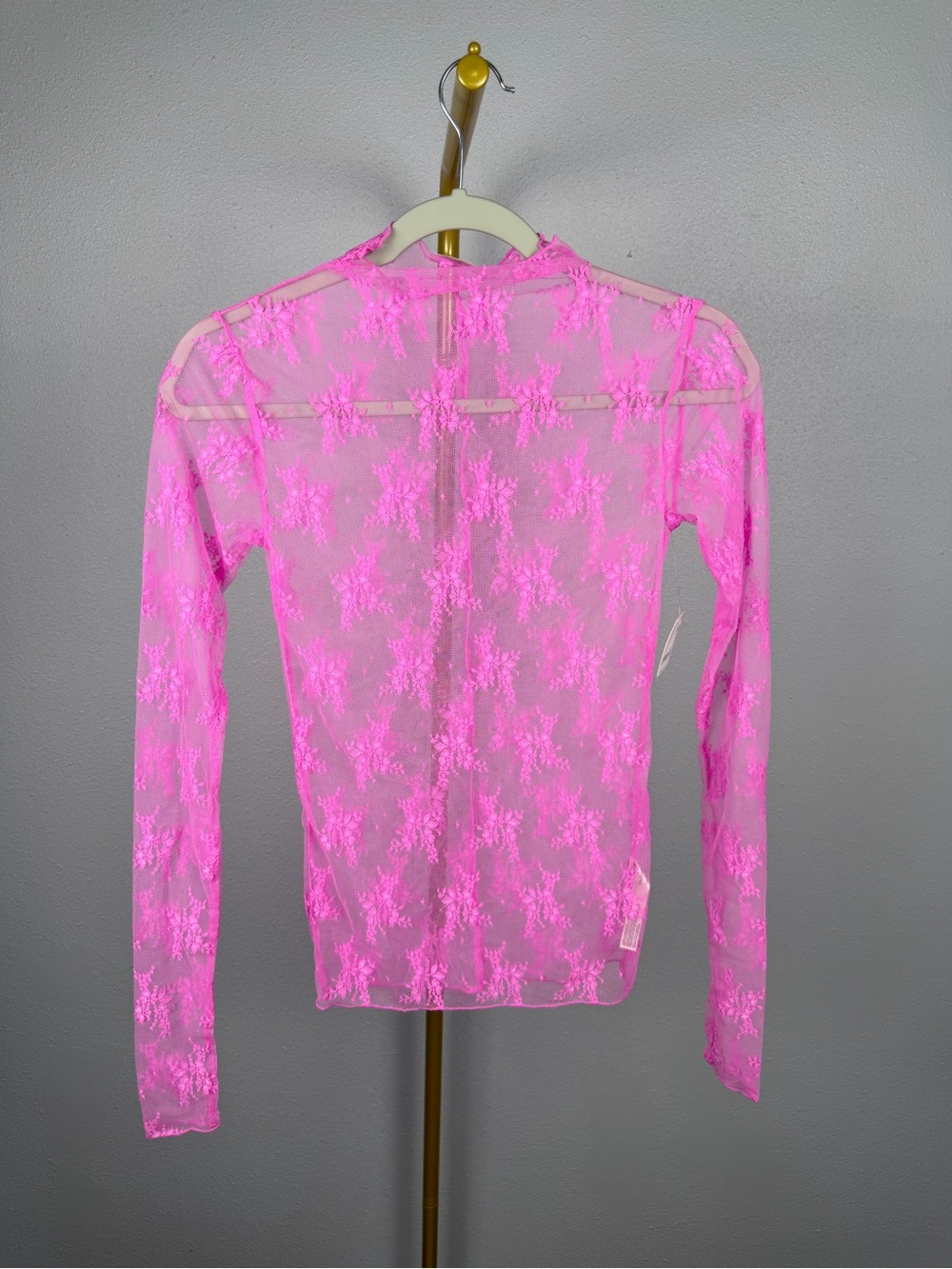 NWT SOLD OUT Free People Lady Lux Neon Pink Lace Mesh Layering Top S - Picture 2 of 7